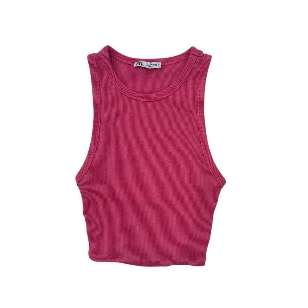 Zara Crew Neck Ribbed Sleeveless Cropped Pink Tank Top Small